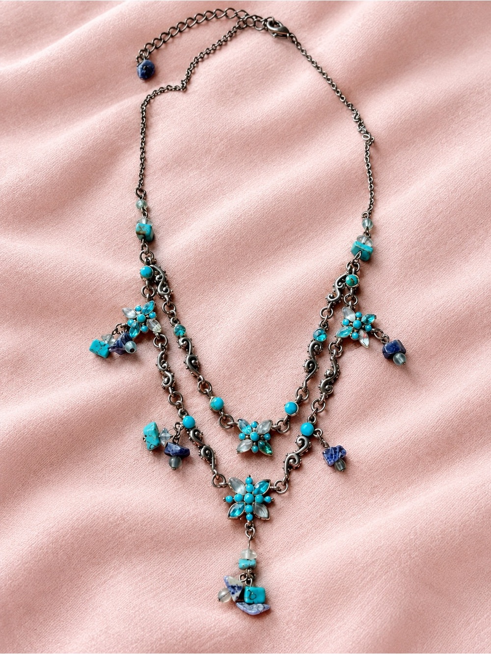 Vintage Turquoise Floral Multi-Strand Necklace